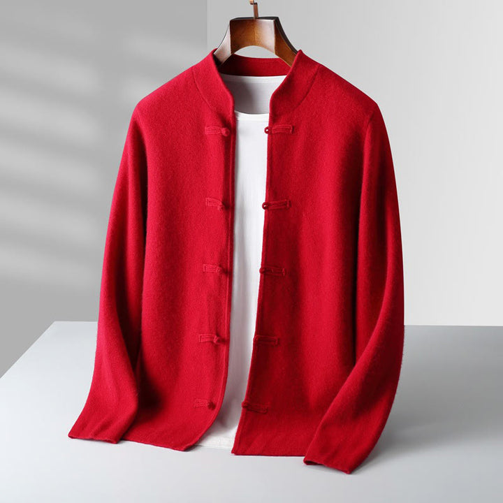 Maglione invernale a maniche lunghe in lana con bottoni cinesi e rana, tinta unita, da uomo , Buddha Stones - Rosso - US/UK/AU42, EU52 (3XL) - image 6