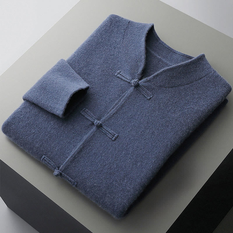 Maglione invernale a maniche lunghe in lana con bottoni cinesi e rana, tinta unita, da uomo , Buddha Stones - image 1