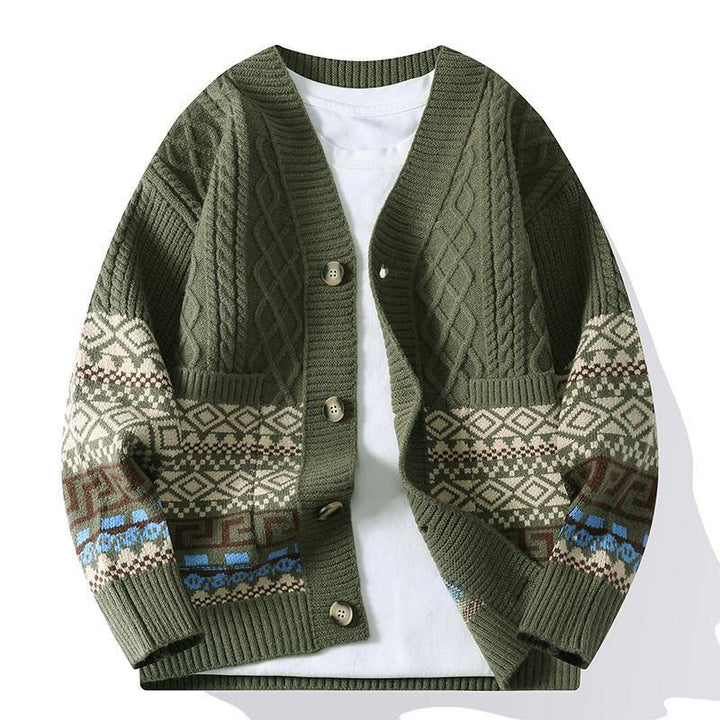 Maglione da uomo lavorato a maglia con maniche lunghe e tasche, in jacquard etnico con Buddha Stones - Verde oliva scuro - US/UK/AU44, EU54 (4XL) - image 9