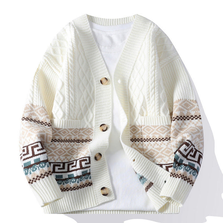 Maglione da uomo lavorato a maglia con maniche lunghe e tasche, in jacquard etnico con Buddha Stones - Bianco - US/UK/AU44, EU54 (4XL) - image 0