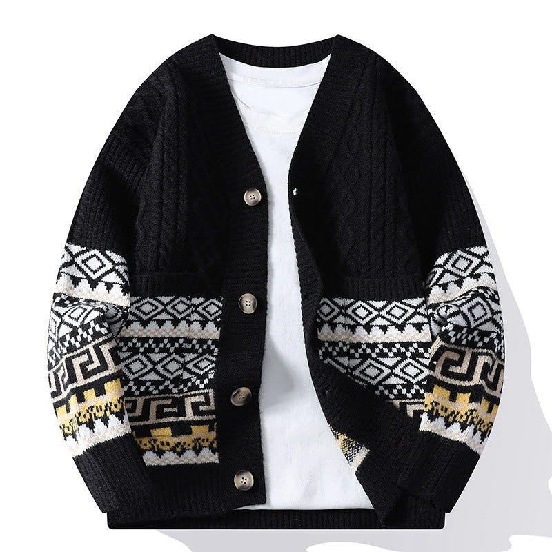 Maglione da uomo lavorato a maglia con maniche lunghe e tasche, in jacquard etnico con Buddha Stones - Nero - US/UK/AU44, EU54 (4XL) - image 7