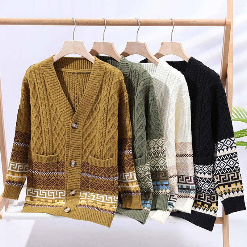 Maglione da uomo lavorato a maglia con maniche lunghe e tasche, in jacquard etnico con Buddha Stones - image 10