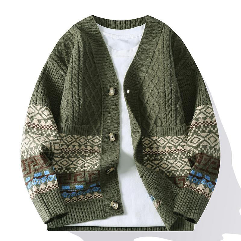 Maglione da uomo lavorato a maglia con maniche lunghe e tasche, in jacquard etnico con Buddha Stones - Verde oliva scuro - US/UK/AU44, EU54 (4XL) - image 9