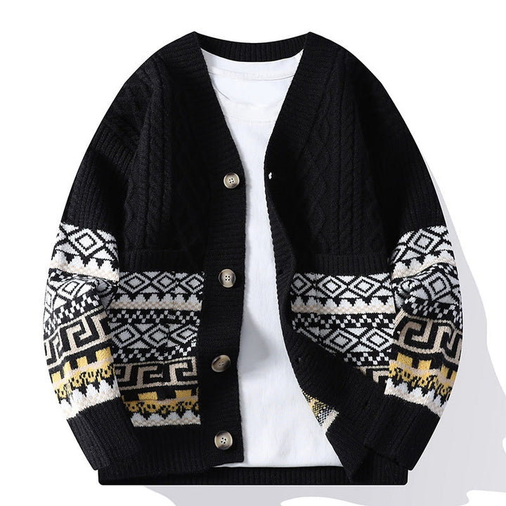Maglione da uomo lavorato a maglia con maniche lunghe e tasche, in jacquard etnico con Buddha Stones - Nero - US/UK/AU44, EU54 (4XL) - image 7