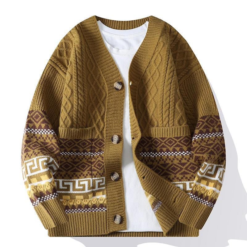 Maglione da uomo lavorato a maglia con maniche lunghe e tasche, in jacquard etnico con Buddha Stones - DarkGoldenrod - US/UK/AU44, EU54 (4XL) - image 8