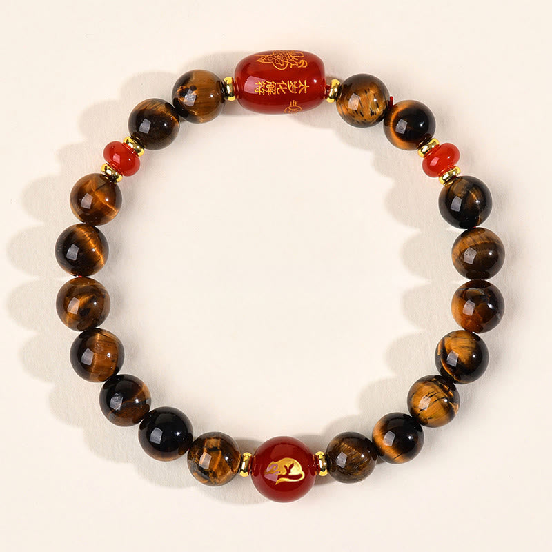 Braccialetto di protezione in agata rossa naturale con occhio di tigre e 12 Buddha Stones - 8 mm (circonferenza del polso 14-16 cm) - Ratto - image 0