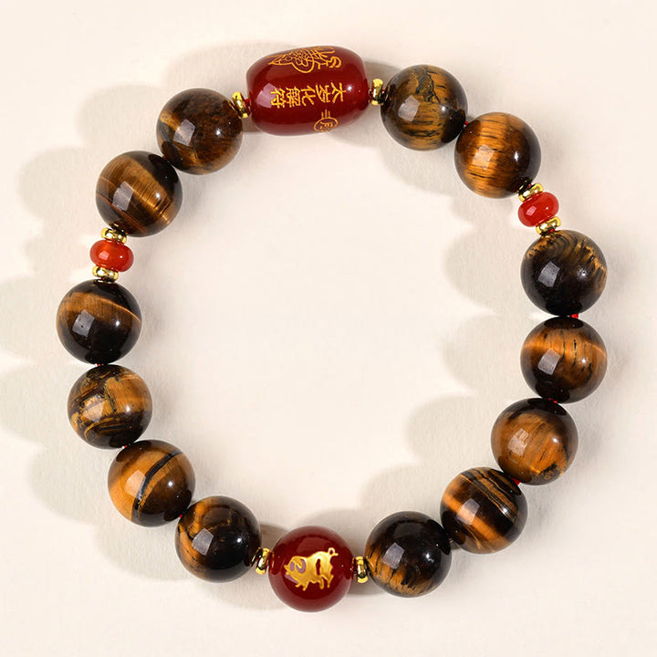 Braccialetto di protezione in agata rossa naturale con occhio di tigre e 12 Buddha Stones - 12 mm (circonferenza del polso 17-18 cm) - Maiale - image 44