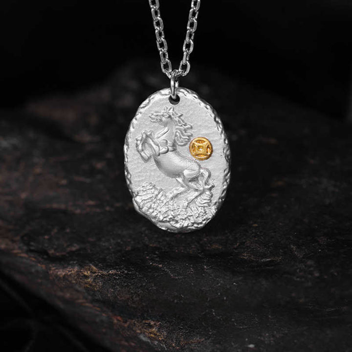 Collana con ciondolo della prosperità in argento sterling 925 con catena in argento sterling 999 Buddha Stones, anno del cavallo - image 1