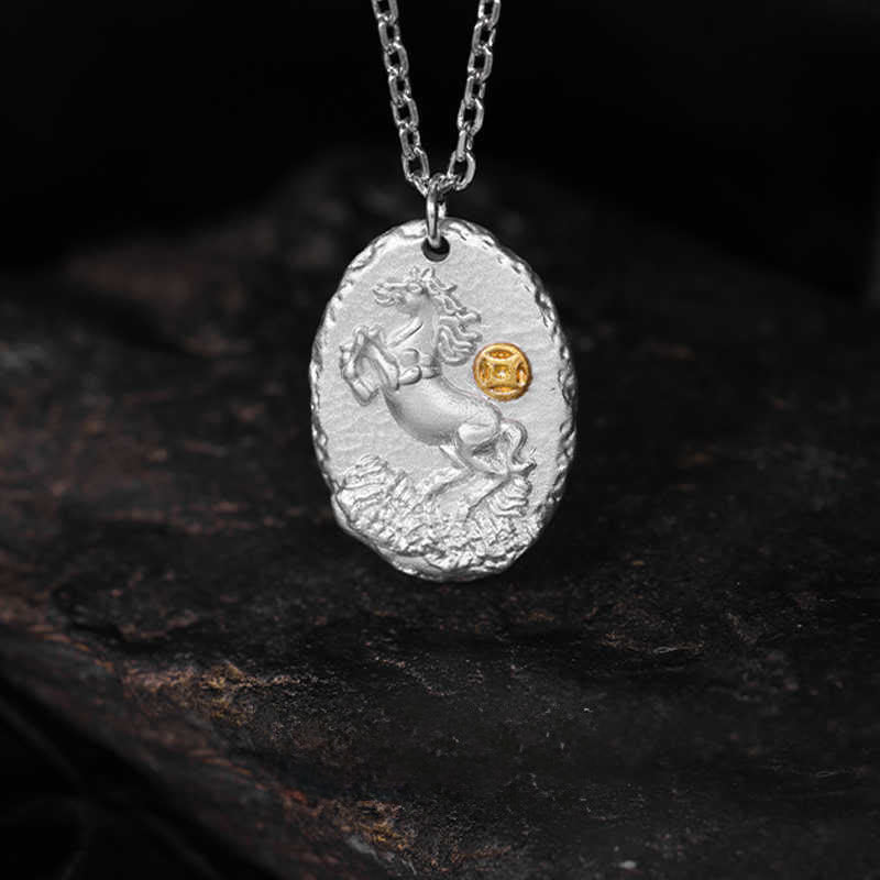 Collana con ciondolo della prosperità in argento sterling 925 con catena in argento sterling 999 Buddha Stones, anno del cavallo - image 1