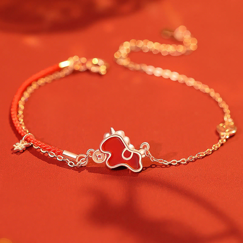 Bracciale portafortuna con ciondolo a moneta in agata rossa con filo rosso in argento sterling 925 "Anno del cavallo" Buddha Stones - Bracciale a forma di cavallo - image 0