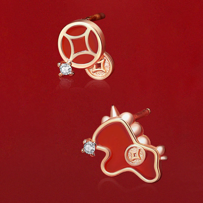 Orecchini asimmetrici con protezione dell'anno del cavallo, in argento sterling 925 con moneta in agata rossa e Buddha Stones - image 1