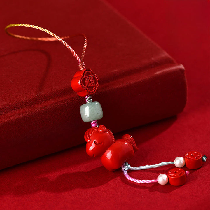 Decorazione da appendere al telefono con carattere Fu, cinabro naturale, anno del cavallo , Buddha Stones - image 1