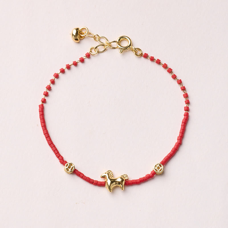 Braccialetto della prosperità del Buddha Stones in vetro rosso Liuli dell'anno del cavallo, in argento sterling 925 placcato oro - Bracciale a forma di cavallo - image 1