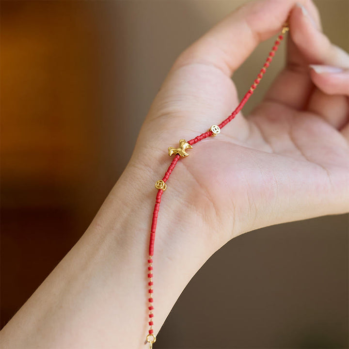 Bracciale della prosperità in vetro rosso Liuli dell'anno del cavallo, in argento sterling 925 placcato oro Buddha Stones - image 3
