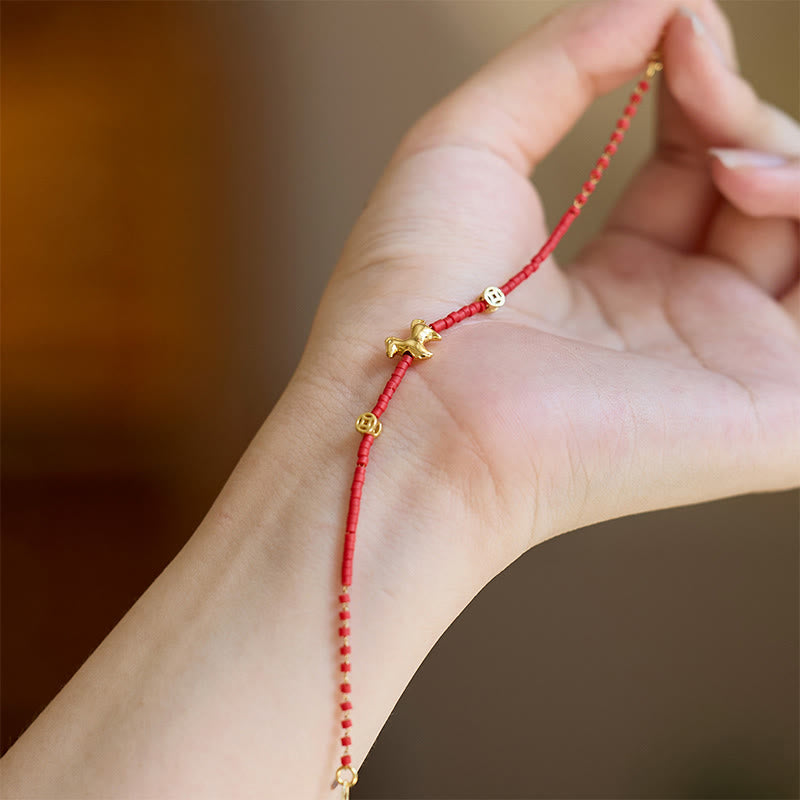 Braccialetto della prosperità del Buddha Stones in vetro rosso Liuli dell'anno del cavallo, in argento sterling 925 placcato oro - image 3