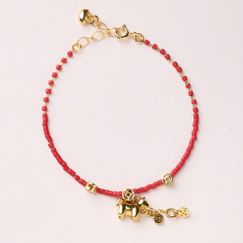 Braccialetto della prosperità del Buddha Stones in vetro rosso Liuli dell'anno del cavallo, in argento sterling 925 placcato oro - Bracciale con moneta a forma di cavallo - image 13
