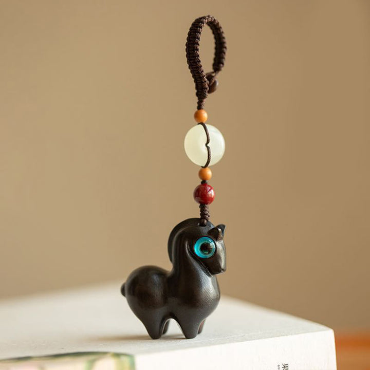 Portachiavi Buddha Stones, anno del cavallo, piccola foglia, sandalo rosso, sandalo verde, legno di ebano, calma - Legno di ebano - Corda con bottone - image 0