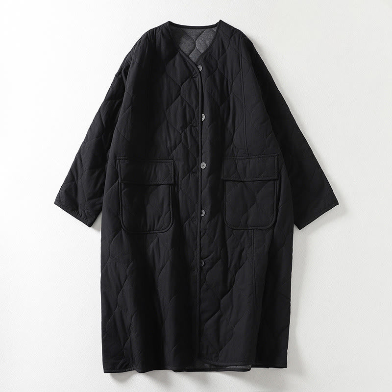 Cappotto da donna in cotone con tasche, maniche lunghe, scollo a V, bottoni semplici , Buddha Stones - Nero - US14, UK/AU18, EU46 (2XL) - image 5