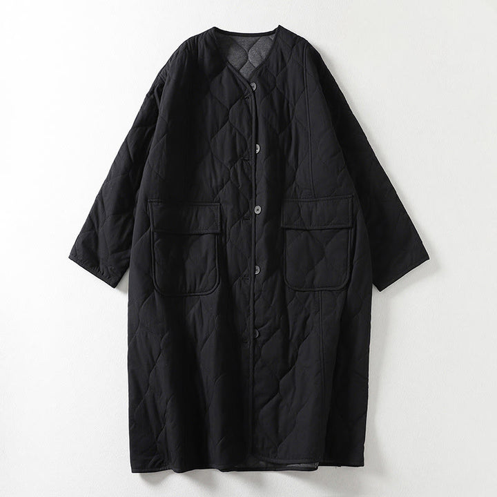 Cappotto da donna in cotone con tasche, maniche lunghe, scollo a V, bottoni semplici , Buddha Stones - Nero - US14, UK/AU18, EU46 (2XL) - image 5