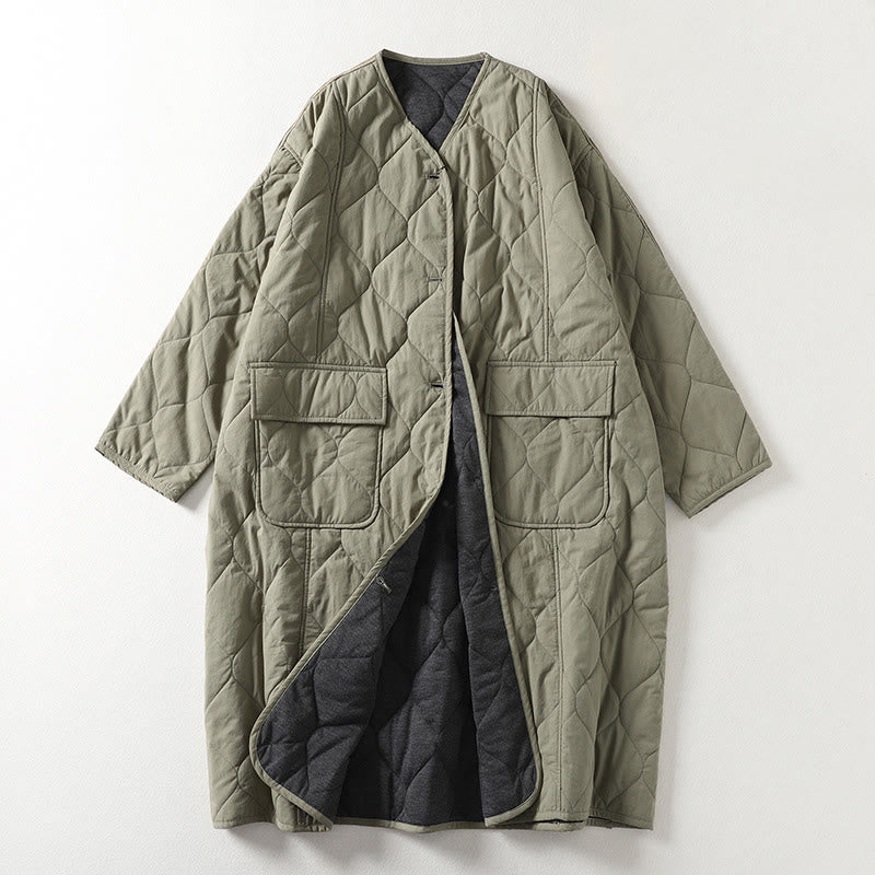 Cappotto da donna in cotone con tasche, maniche lunghe, scollo a V, bottoni semplici , Buddha Stones - Verde Mare Scuro - US14, UK/AU18, EU46 (2XL) - image 6