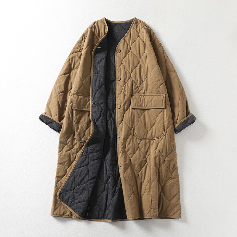 Cappotto da donna in cotone con tasche, maniche lunghe, scollo a V, bottoni semplici , Buddha Stones - Abbronzatura - US14, UK/AU18, EU46 (2XL) - image 0