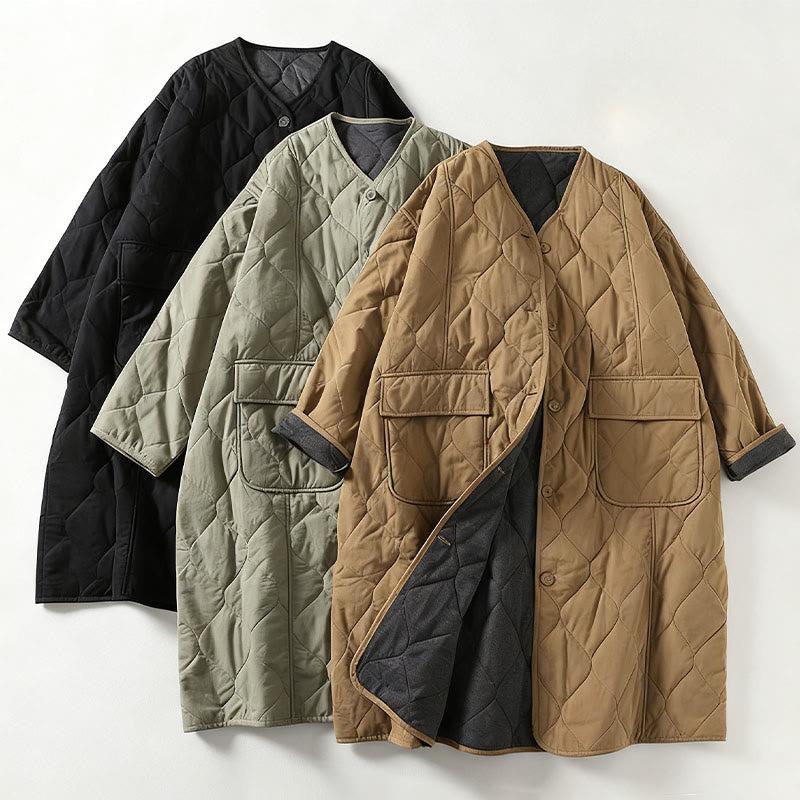 Cappotto da donna in cotone con tasche, maniche lunghe, scollo a V, bottoni semplici , Buddha Stones - image 7