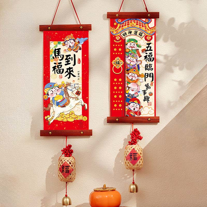 Buddha Stones Anno del Cavallo Capodanno cinese Festa di primavera Buona fortuna Decorazione appesa - Cinque benedizioni arrivano a casa Stile ciondolo Fu 15*60 cm - image 13