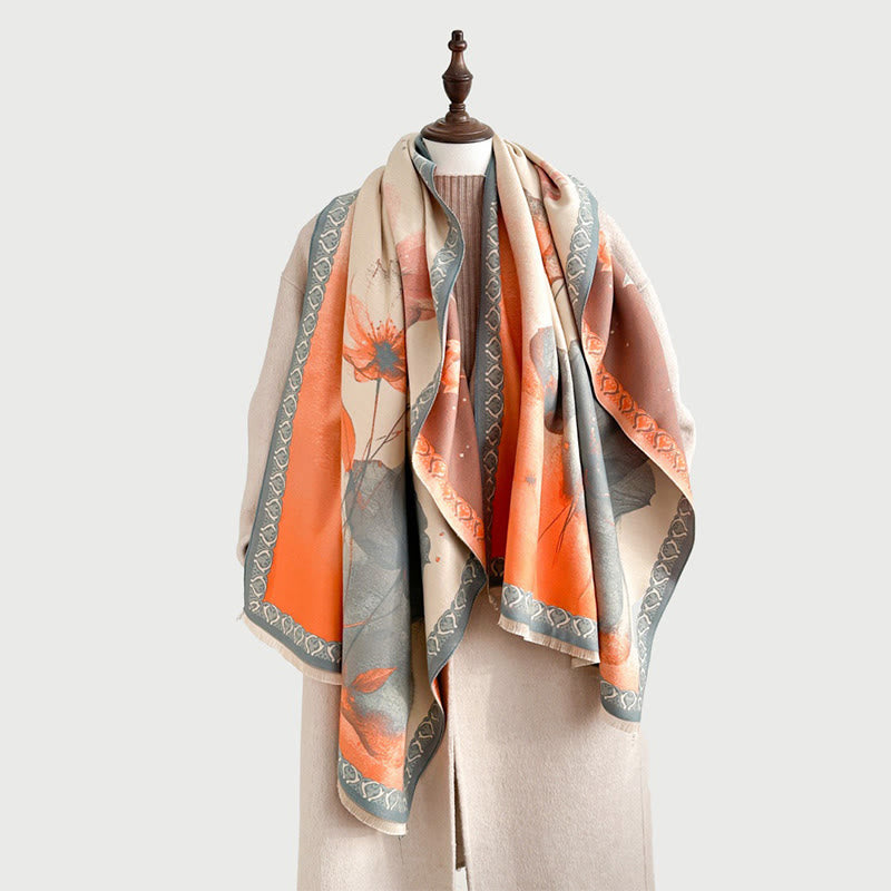 Sciarpa morbida con motivo a scialle, motivo a inchiostro invernale Buddha Stones fiori di loto - SandyBrown - 180*65cm - image 0