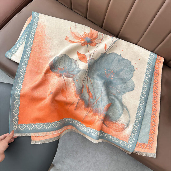 Sciarpa morbida con motivo a scialle, motivo a inchiostro invernale Buddha Stones fiori di loto - image 1