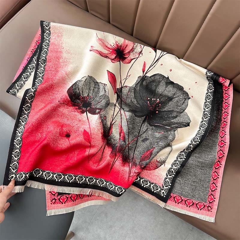 Sciarpa morbida con motivo a scialle, motivo a inchiostro invernale Buddha Stones fiori di loto - Pomodoro - 180*65cm - image 4