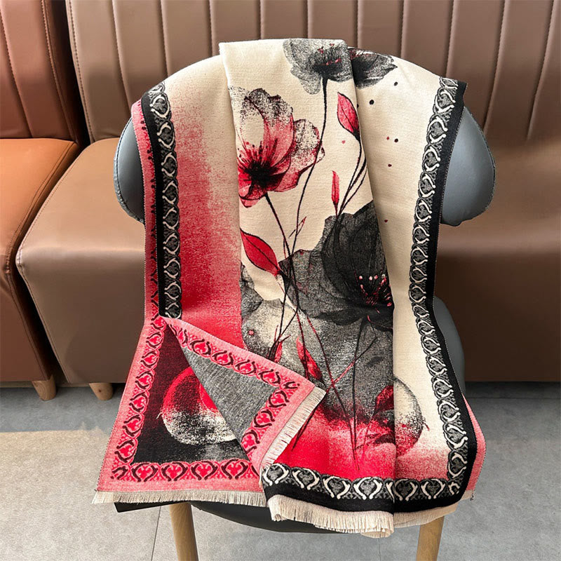 Sciarpa morbida con motivo a scialle, motivo a inchiostro invernale Buddha Stones fiori di loto - image 5