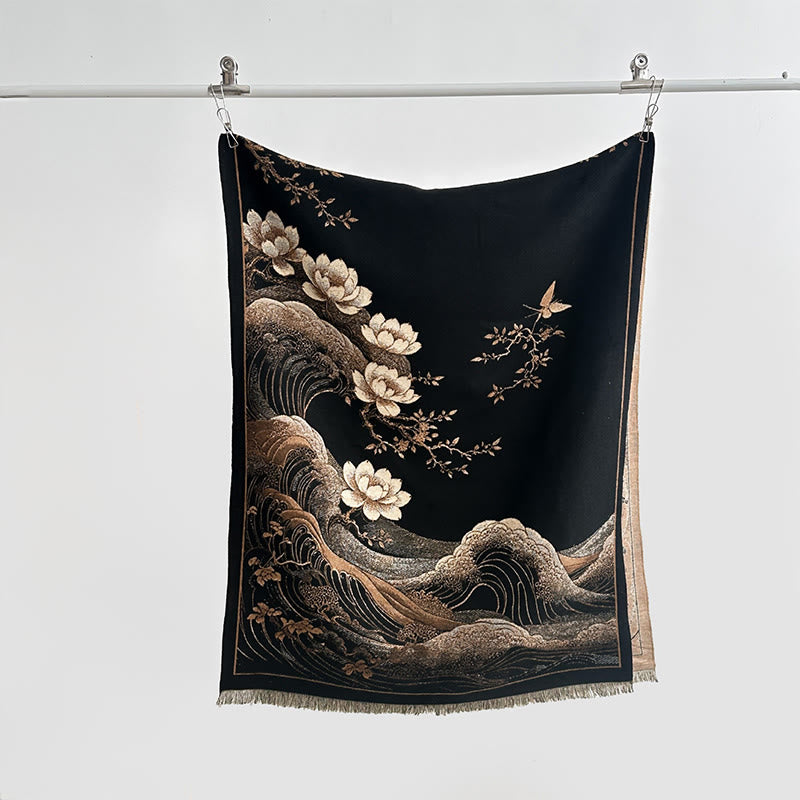 Sciarpa morbida con nappa e motivo a onde dell'oceano con Buddha Stones e fiori di loto autunnali - image 1