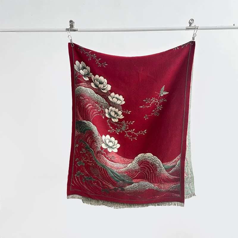Sciarpa morbida con nappa e motivo a onde dell'oceano con Buddha Stones e fiori di loto autunnali - Rosso scuro - 185*65 cm - image 4