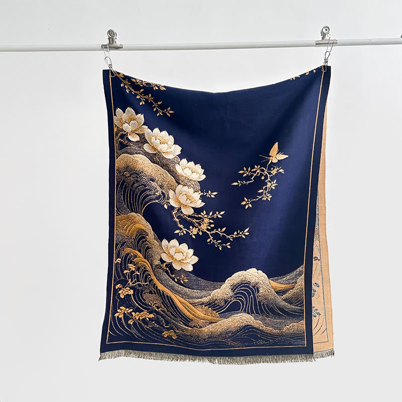 Sciarpa morbida con nappa e motivo a onde dell'oceano con Buddha Stones e fiori di loto autunnali - Marina - 185*65 cm - image 9