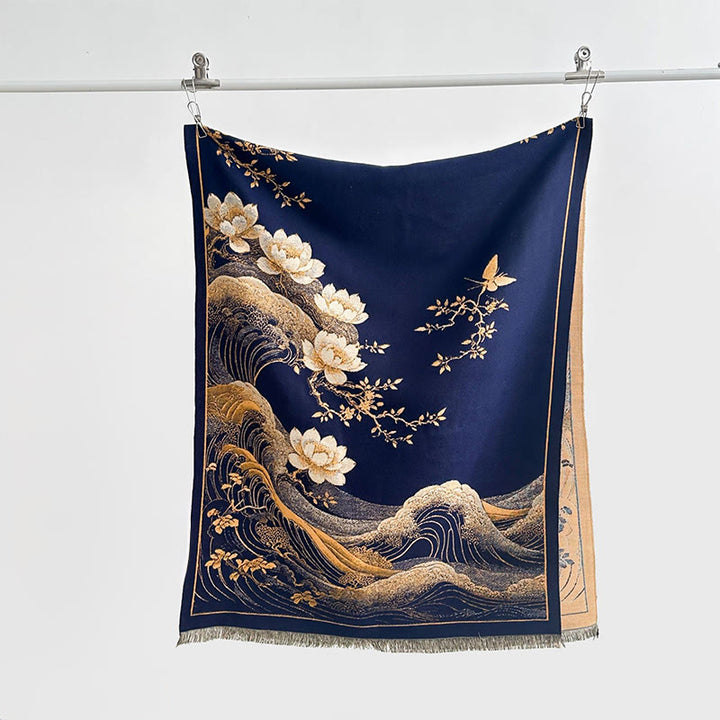 Sciarpa morbida con nappa e motivo a onde dell'oceano con Buddha Stones e fiori di loto autunnali - Marina - 185*65 cm - image 9
