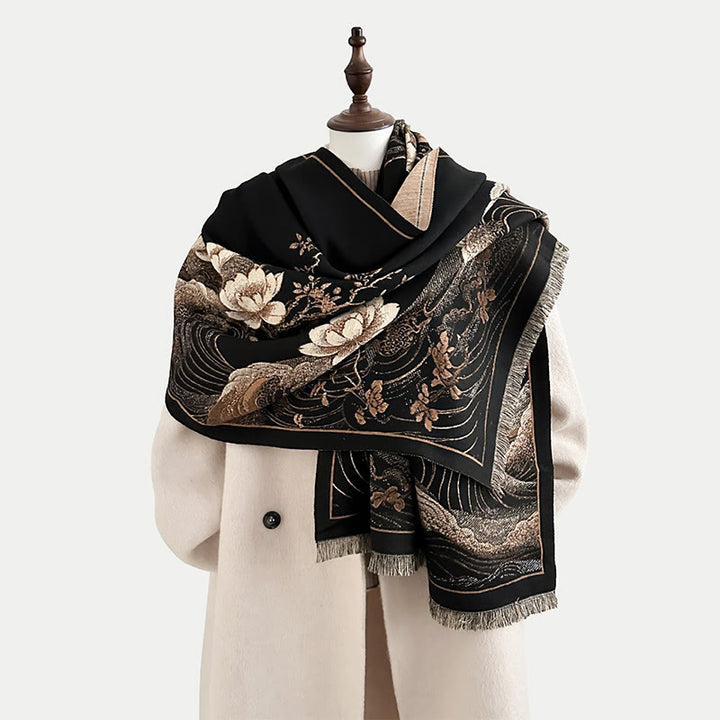 Sciarpa morbida con nappa e motivo a onde dell'oceano con Buddha Stones e fiori di loto autunnali - Nero - 185*65 cm - image 0