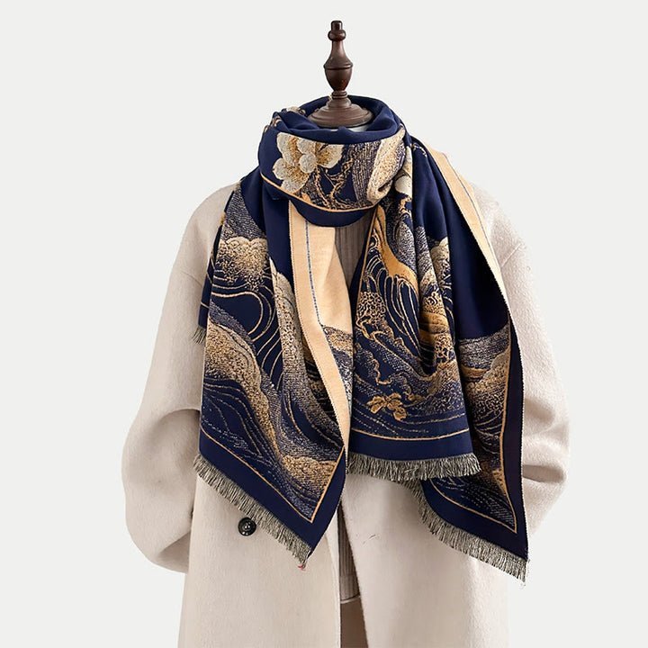 Sciarpa morbida con nappa e motivo a onde dell'oceano con Buddha Stones e fiori di loto autunnali - image 12