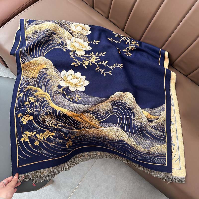 Sciarpa morbida con nappa e motivo a onde dell'oceano con Buddha Stones e fiori di loto autunnali - image 10