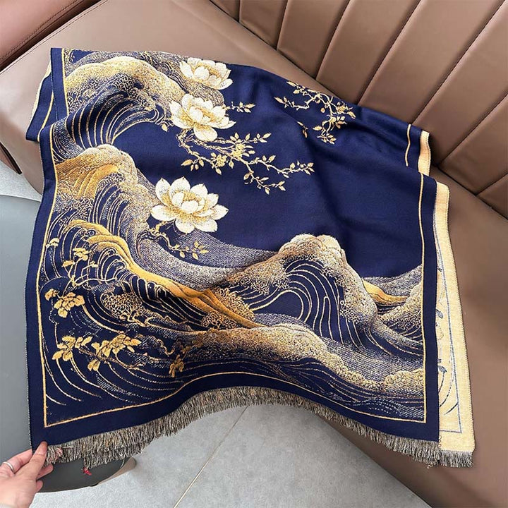 Sciarpa morbida con nappa e motivo a onde dell'oceano con Buddha Stones e fiori di loto autunnali - image 10