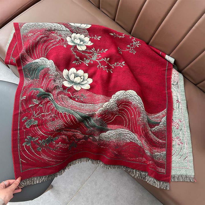 Sciarpa morbida con nappa e motivo a onde dell'oceano con Buddha Stones e fiori di loto autunnali - image 5