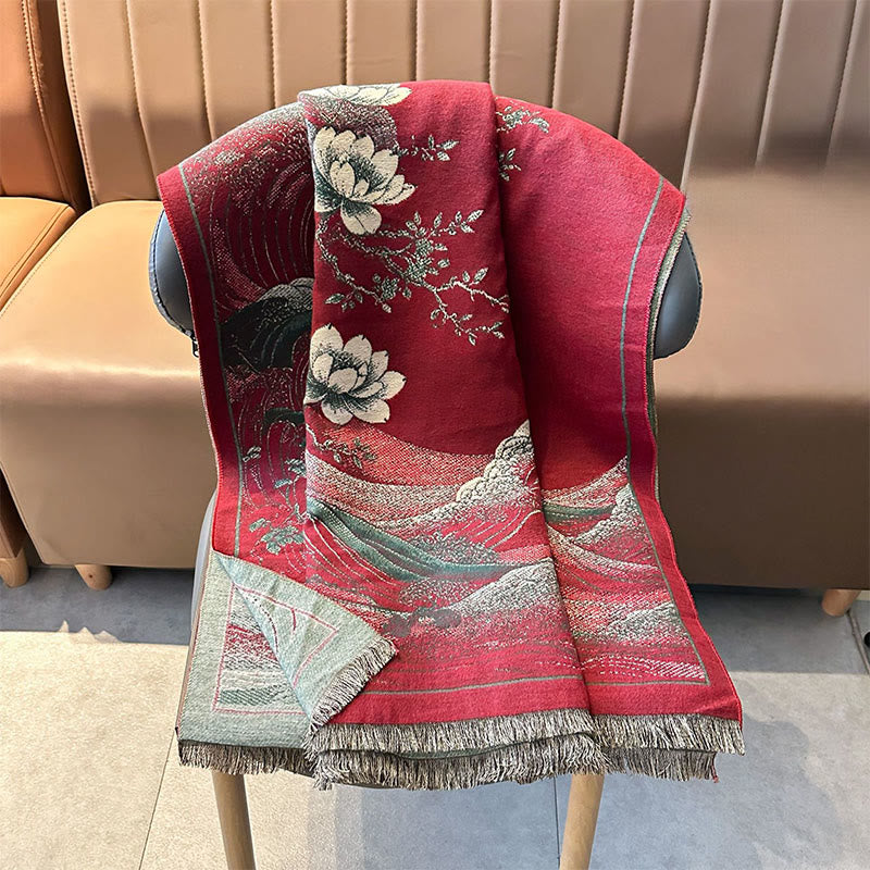 Sciarpa morbida con nappa e motivo a onde dell'oceano con Buddha Stones e fiori di loto autunnali - image 6