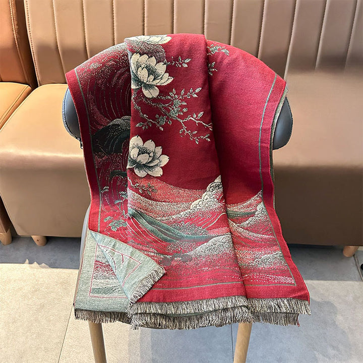 Sciarpa morbida con nappa e motivo a onde dell'oceano con Buddha Stones e fiori di loto autunnali - image 6