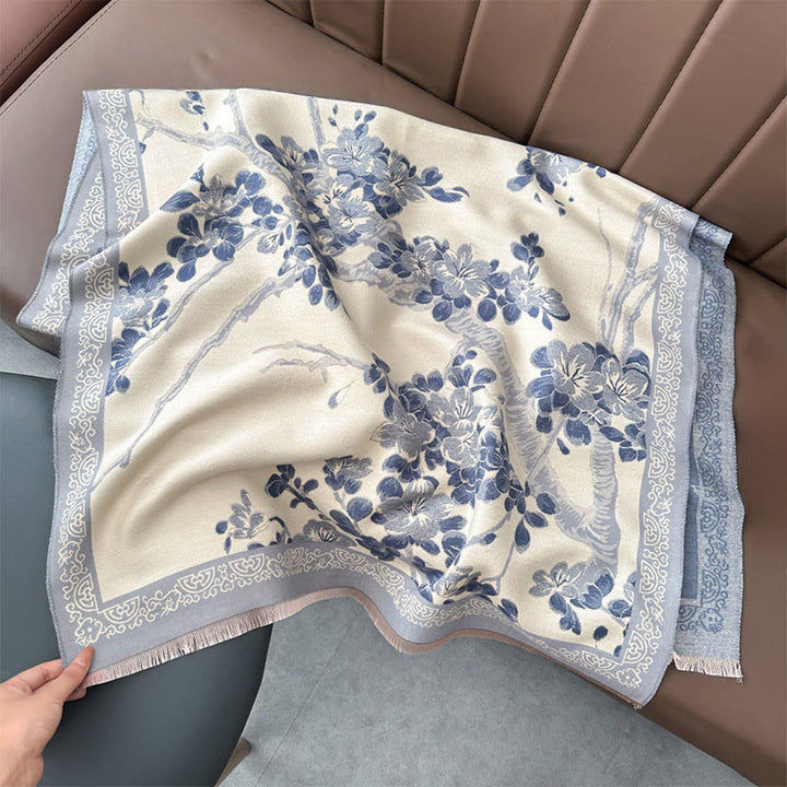 Sciarpa morbida con motivo a foglie di pesco, Buddha Stones e rami - BluAcciaioChiaro - 180*65 centimetri - image 10