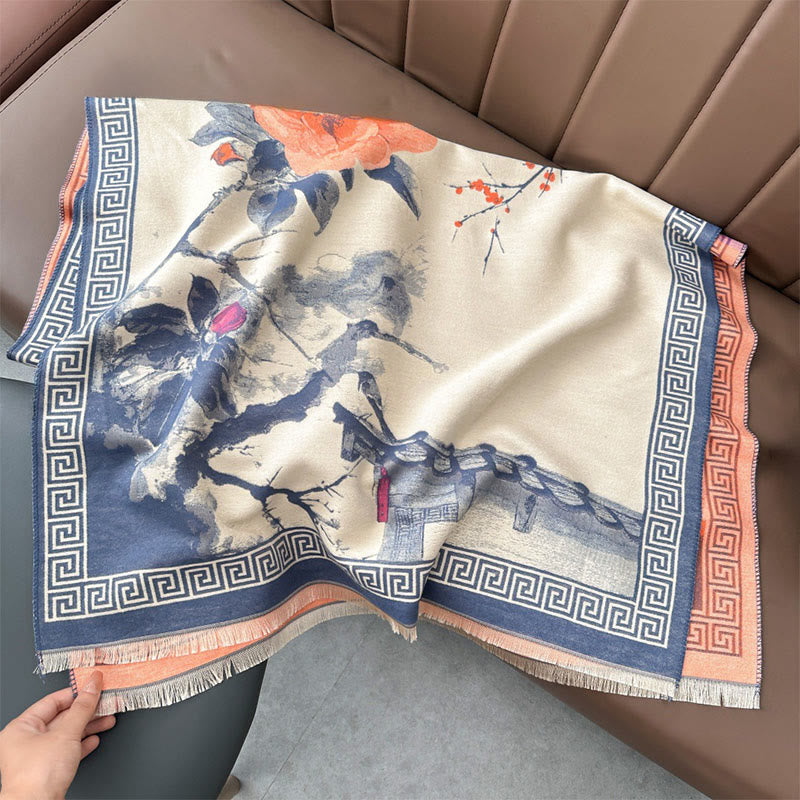 Sciarpa accogliente con motivo a inchiostro dipinto a mano con motivo a prugna autunnale Buddha Stones - BluAcciaioChiaro - 180*65 centimetri - image 8