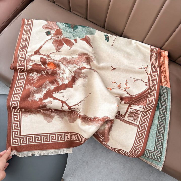 Sciarpa accogliente con motivo a inchiostro dipinto a mano con motivo a prugna autunnale Buddha Stones - image 1