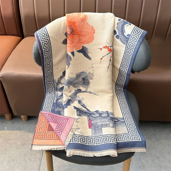 Sciarpa accogliente con motivo a inchiostro dipinto a mano con motivo a prugna autunnale Buddha Stones - image 11