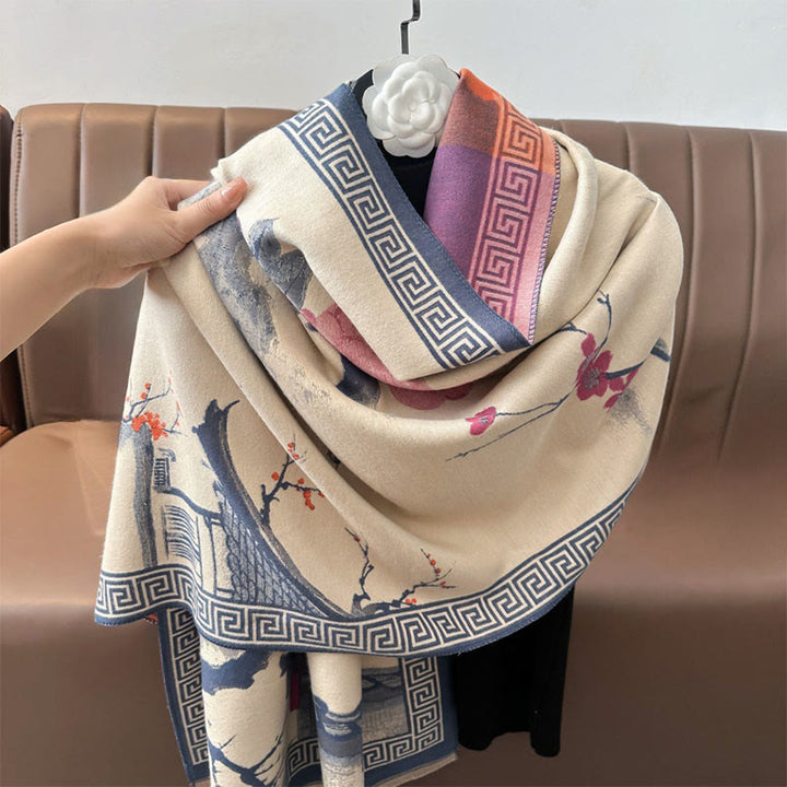 Sciarpa accogliente con motivo a inchiostro dipinto a mano con motivo a prugna autunnale Buddha Stones - image 10