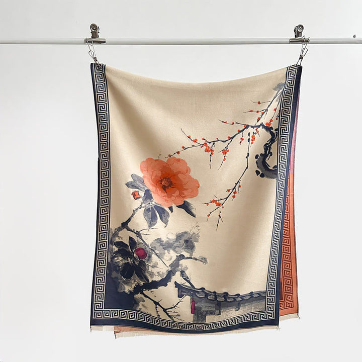 Sciarpa accogliente con motivo a inchiostro dipinto a mano con motivo a prugna autunnale Buddha Stones - image 9