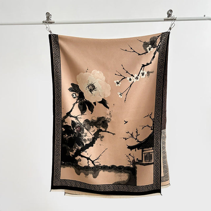 Sciarpa accogliente con motivo a inchiostro dipinto a mano con motivo a prugna autunnale Buddha Stones - image 17