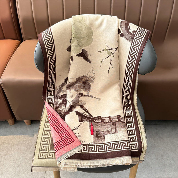 Sciarpa accogliente con motivo a inchiostro dipinto a mano con motivo a prugna autunnale Buddha Stones - image 14